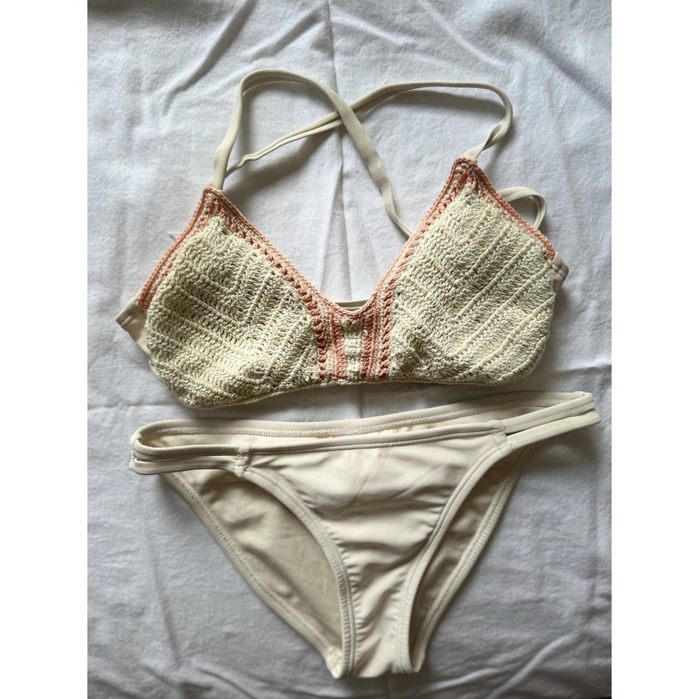 Women's S Regular 2-Piece Bikini White/Pink Solid Crochet Halter Adjustable